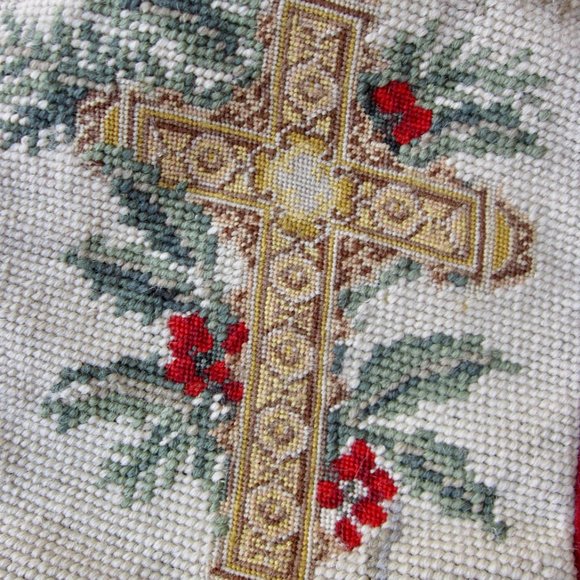 Vintage Needlepoint Stocking Noel Script w Cross Red Velvet Back 19" - Picture 3 of 4